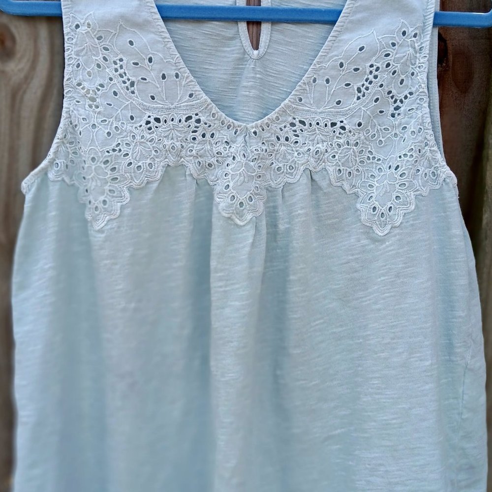 Lucky Brand Sleeveless T-Shirt, Size Large, Sage Green with Lace Accents